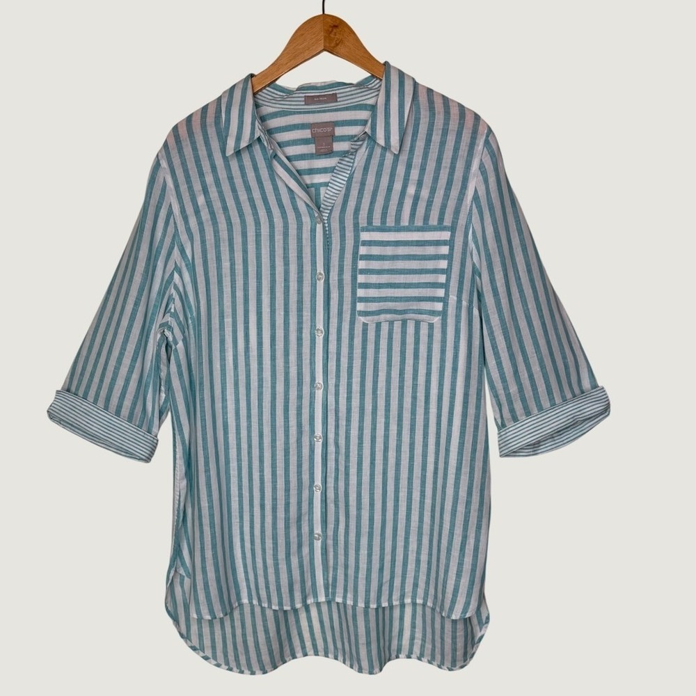 Chico's Womens No Iron Button Up Shirt 3 XL Teal White Striped 100% Linen Top